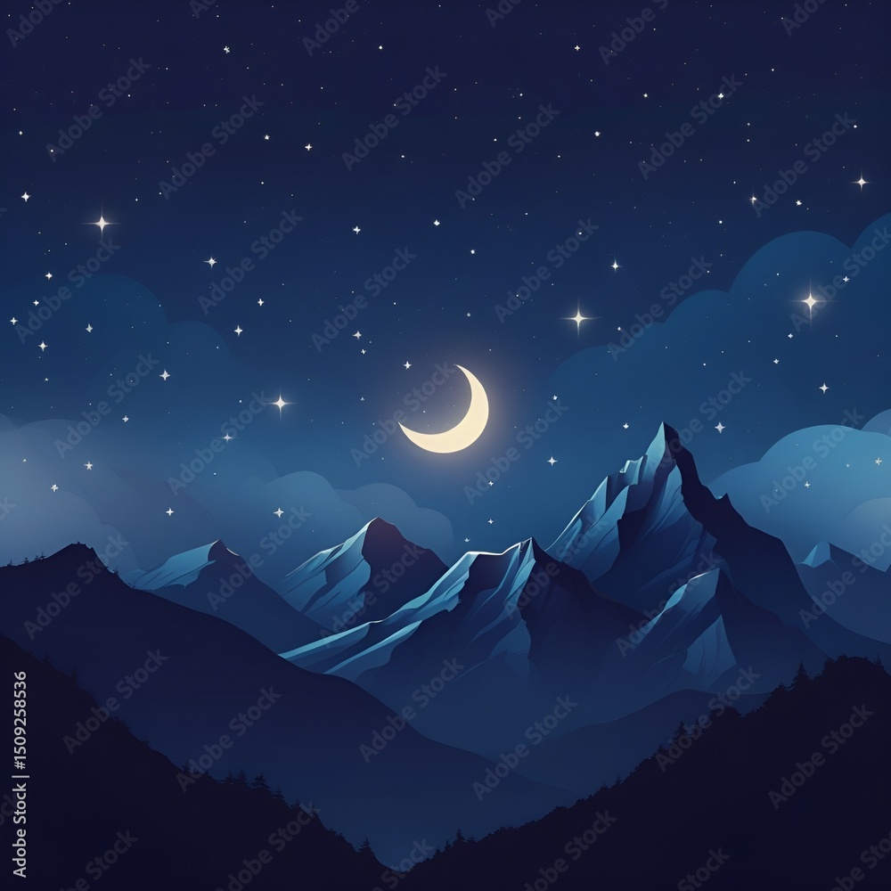 Fototapeta premium Night sky over majestic mountains crescent moon stars serene tranquil natural landscape wilderness