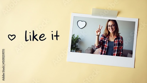Cheerful young woman making peace sign in polaroid photo like it