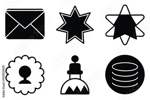 Collection of black and white icons including envelope star server and other abstract shapes