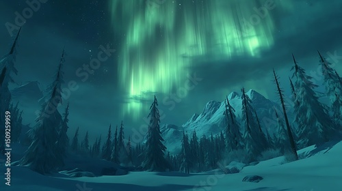 A dramatic view of the Northern Lights over a snowy forest landscape