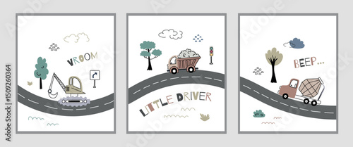 Cute Construction Vehicle Posters for Kids Room. Set of three  posters featuring construction trucks on winding roads with playful text, trees, and traffic signs in soft nursery colors