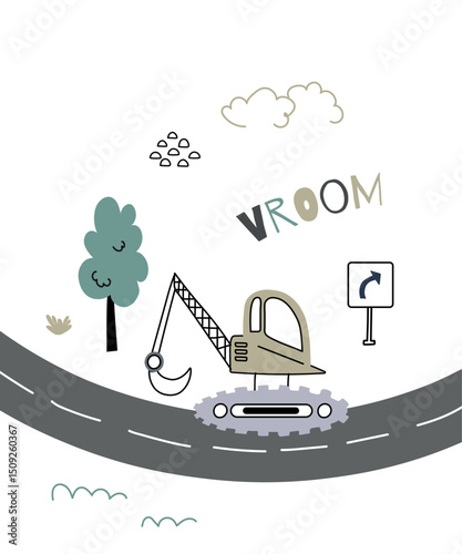 Children's poster for a boy's room with an excavator heading down the road with road signs and trees. Vector illustration