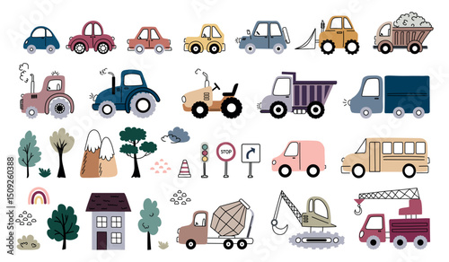 Cute  Vehicles and Construction Icons Set.  Set of hand-drawn cars, trucks, tractors, construction vehicles, road signs, trees, and buildings in playful doodle style