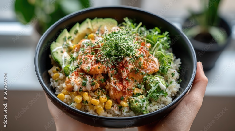 Bowl filled with fluffy rice, succulent grilled chicken, creamy avocado slices, and colorful corn, illuminated by warm sunlight Bowl filled with fluffy rice, succulent grilled chicken, creamy avocado slices, and colorful corn, illuminated by warm sunlight