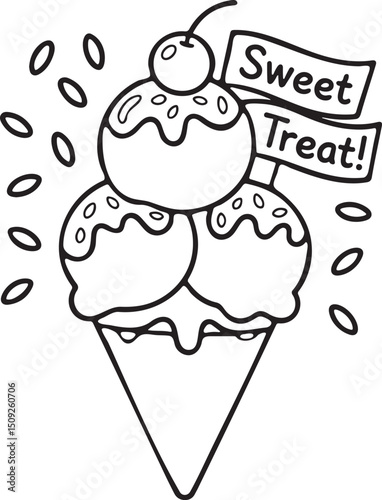 Three-scoop ice cream cone with cherry and the text sweet treat outline vector illustration.