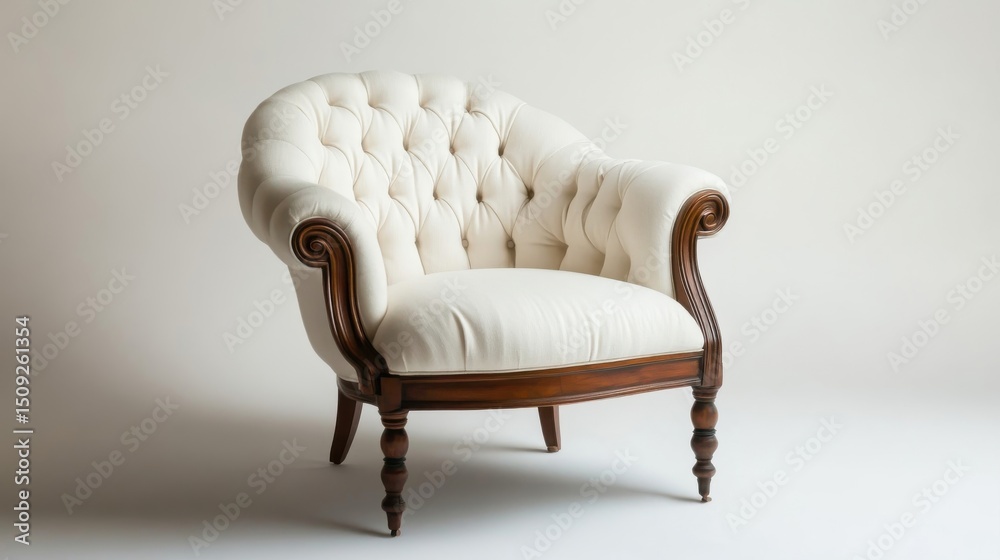 Fototapeta premium Round back armchair with wooden legs and white upholstery on white background