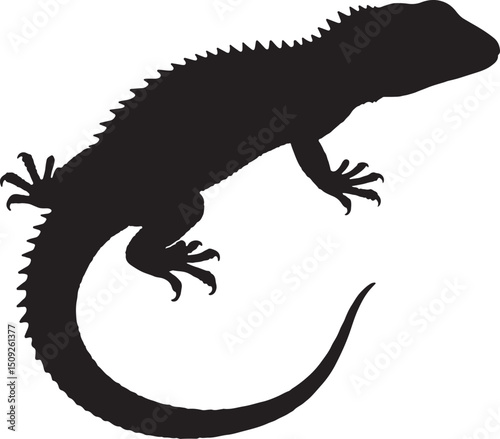 Black silhouette illustration of a lizard reptile with a spiky dorsal crest and a curved tail