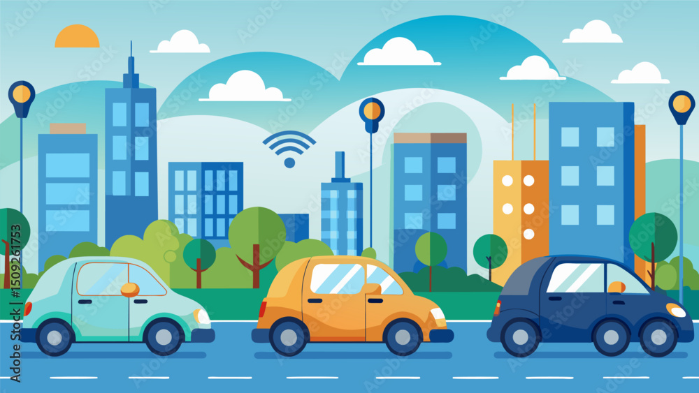 Naklejka premium A fleet of smart cars equipped with air quality sensors measures pollution levels in urban areas to inform city planners on potential improvements to air quality.. Vector illustration