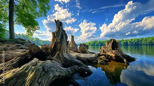 Fallen tree roots at the water's edge