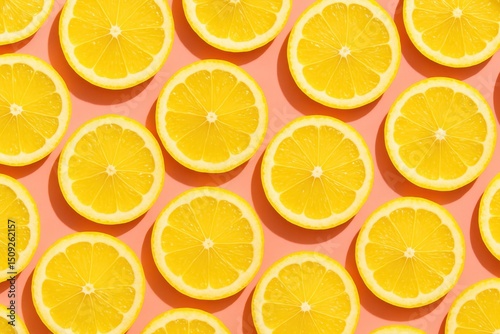 Bright yellow fresh lemon slices arranged in a playful, repeating pattern on a vibrant, cheerful pink background, creating a summery and energetic flat lay composition.