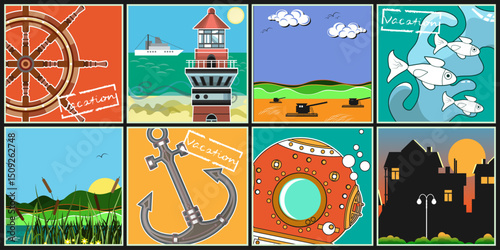 Eight colorful vacation themed posters. Nature landscapes and various related objects. Vector set