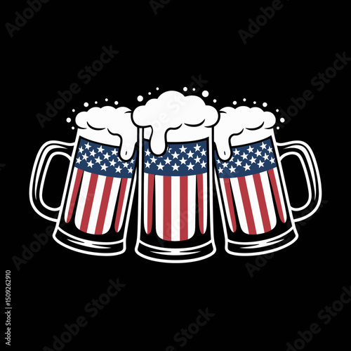 Three beer mugs are decorated with an American flag design, with frothy tops spilling over.