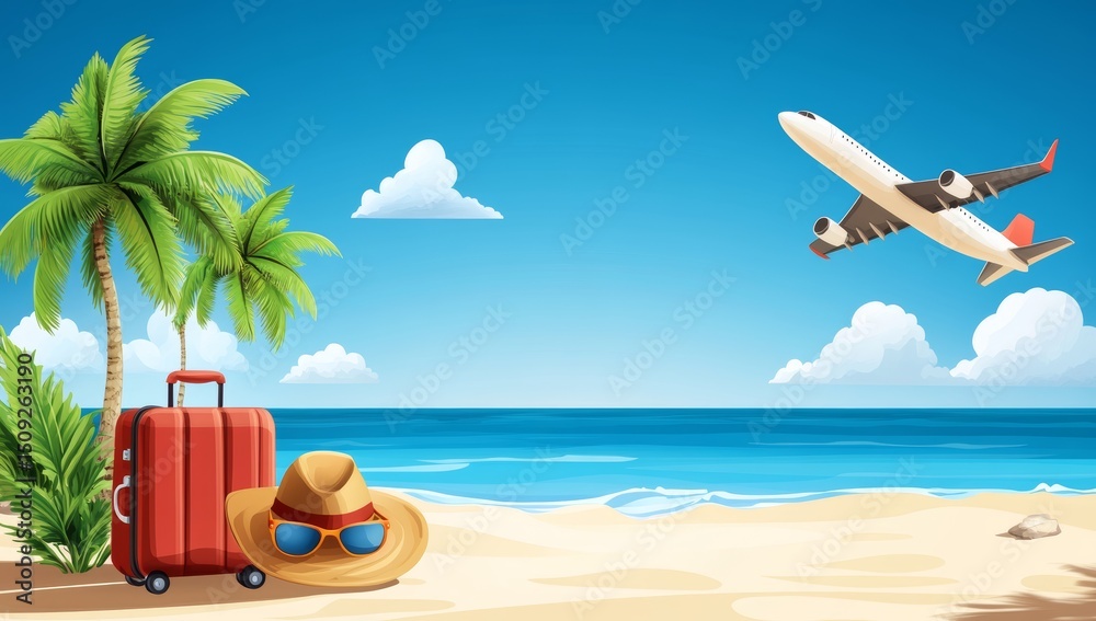 Obraz premium Vacation travel preparation for a beach trip with a scenic ocean view promises an exciting summer adventure and ultimate relaxation