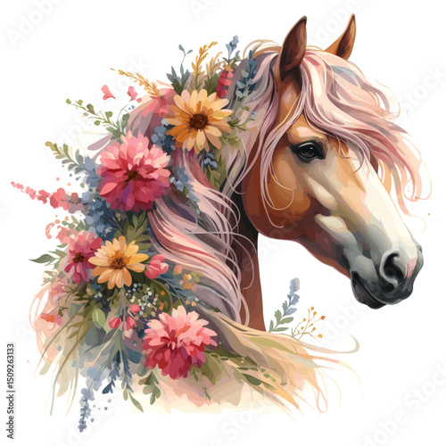 Horse. Flowers. Horse head.  Portrait. Watercolor style. Isolated on a white background. Banner. Vector illustration, AI