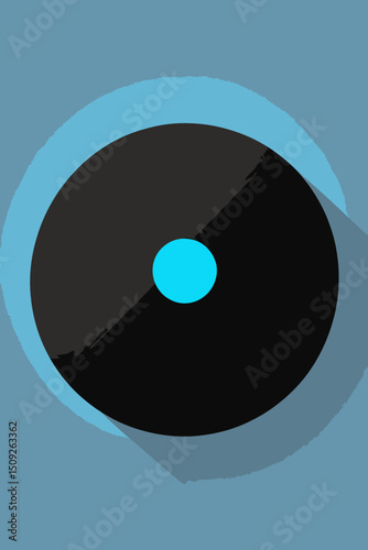 Abstract Circle Design-Black Disc with Blue Center-Modern Geometric Illustration-Minimalist Art with Shadow-Digital Wallpaper Background