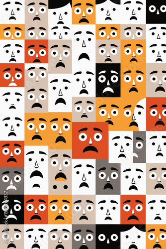 Sad Faces Pattern Background-Colorful Mosaic of Expressions-Depression and Emotion Concept-Unique Wall Art Design-Illustration of Human Feelings