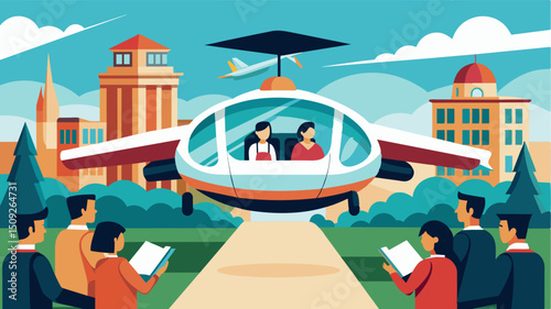 A futuristic air taxi zooming through the air with a group of students comfortably seated inside admiring the campus view.. Vector illustration