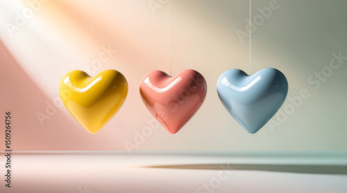 Colorful hanging heart decorations in minimalist style with light  