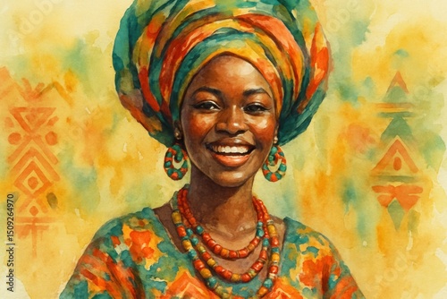 Vibrant watercolor portrait banner of a beautiful Black woman with intricate traditional African headwear and jewelry, celebrating Africa Day with pride and elegance.