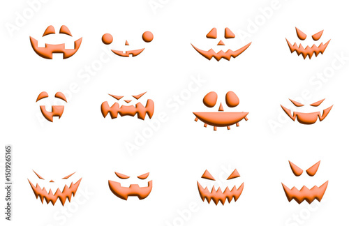 Cute scary Halloween jack pumpkin characters with different face expressions. Spooky creepy funny lantern head stencils, silhouettes set for Helloween holiday. Isolated flat vector illustrations. 3D