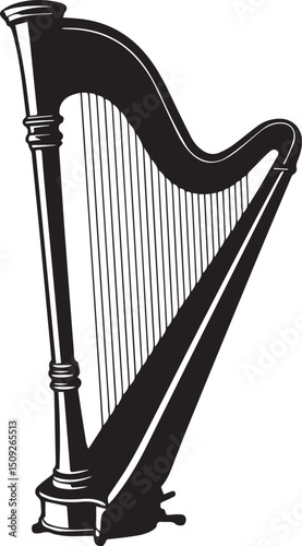 Harp Silhouette Black Vector | Musical Instrument Clipart in Solid Style