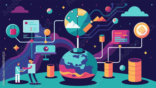 A digital painting showcasing a surreal world filled with data streams signals and codes giving a visual representation of global data flow.. Vector illustration