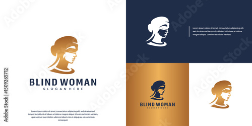 blind woman head logo with symbol of justice, protection, punishment, vector design template.