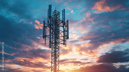 Telecommunication tower with 5G radio network equipment, 4G and 5G mobile communication towers. base station. at sunset on the sky background, signal transmission technology, generative ai