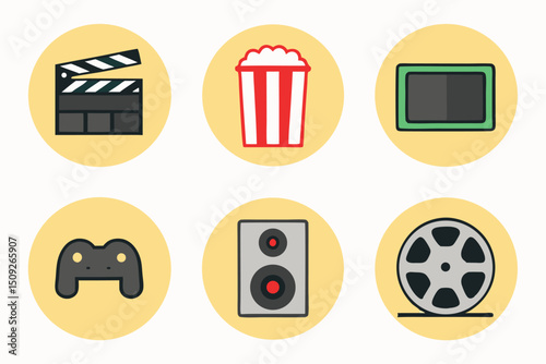 High resolution clapperboard icon with entertainment symbols perfect for websites apps and presentations