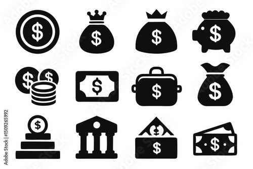 Diverse set of black and white iconography representing financial transactions and wealth elements