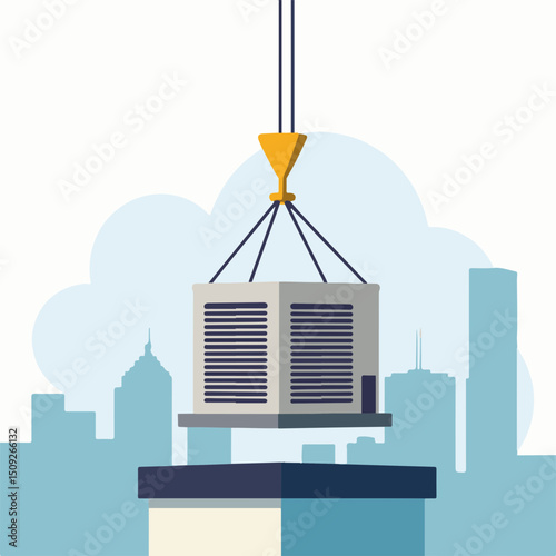 AC Condenser Unit Being Hoisted by Crane Above City Skyline for Construction Websites, HVAC Blogs, Urban Development, and Industrial Design