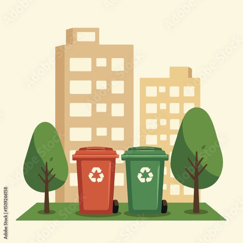 Recycling Bins Next to Apartment Block with Geometric Trees in Earthy Tones for Environmental Awareness, Urban Planning, Sustainability Blogs, and Educational Resources