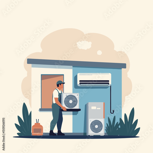 AC Technician Installing Outdoor Condenser Beside Building for Home Repair Blogs, HVAC Education, Maintenance Guides, and Service Promotion