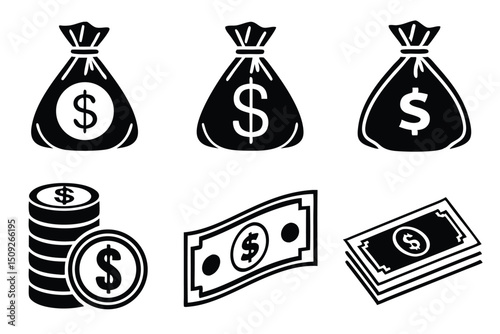 Black and white financial icons illustrating wealth savings and monetary concepts