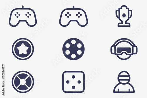 Twelve high quality flat style gaming icons controllers and other gaming elements for digital use