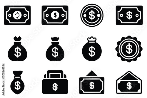 Vector illustrations of various financial symbols featuring money dollar signs and currency icons.