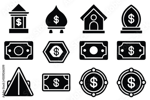 Black and white financial and banking icons depicting various money concepts and assets