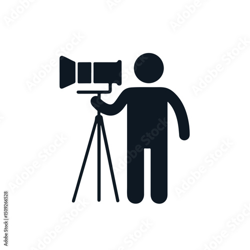 Filmmaker Shooting a Movie with Camera Tripod on Plain White Background for Creative Projects, Media Production, Educational Content, and Social Media Marketing