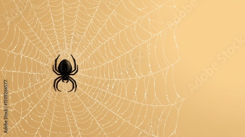 A single Halloween spider web strand on a pale yellow background, subtle spooky season decor