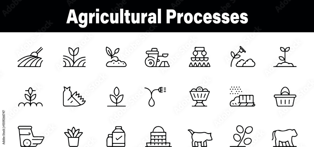 Fototapeta premium Agricultural processes icons set farming agriculture gardening planting harvesting soil crops seeds field tools plants