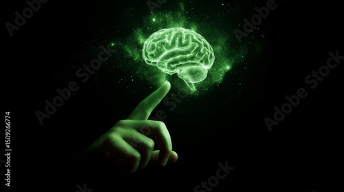 Human finger touching glowing green brain hologram in dark space background.