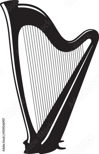 Harp Silhouette Black Vector | Musical Instrument Clipart in Solid Style