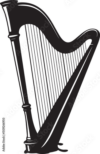 Harp Silhouette Black Vector | Musical Instrument Clipart in Solid Style
