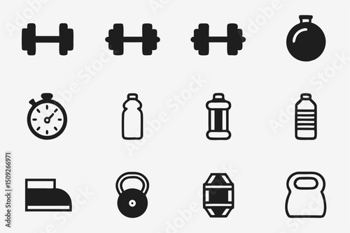 Twelve minimalist black fitness icons equipment and symbols for websites and apps