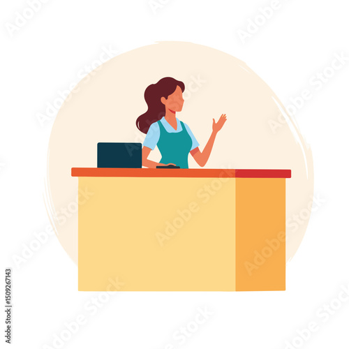 Hotel Receptionist Greeting Guests in Minimalist Design for Hospitality Websites, Customer Service Blogs, Education, and Employee Training Resources