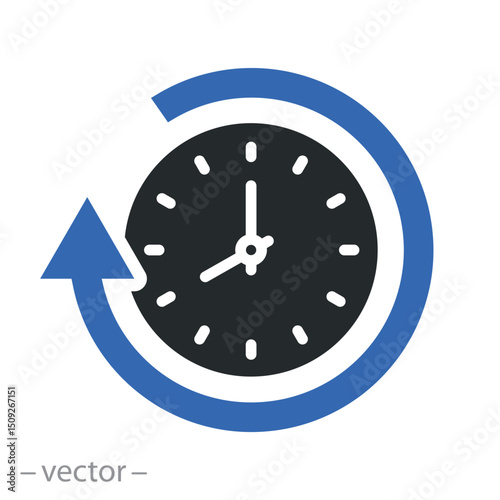 one time daylight, clock icon, arrow around past day, flat vector illustration