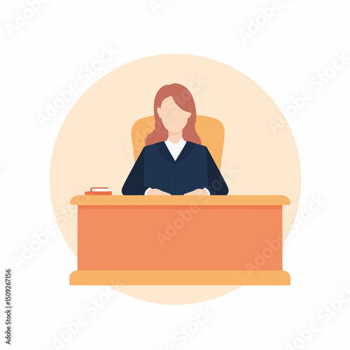 Female Judge Presiding at Courtroom Desk in Minimalist Design for Legal Blogs, Judicial Websites, Education, Advocacy Campaigns, and Professional Resources