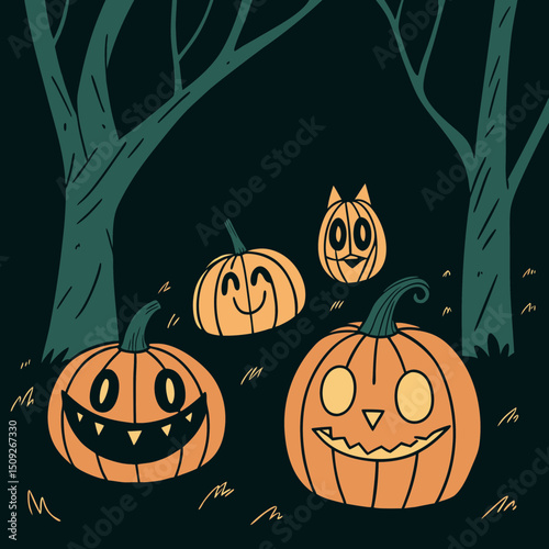 carved pumpkins (jack-o-lanterns) by candlelight on halloween