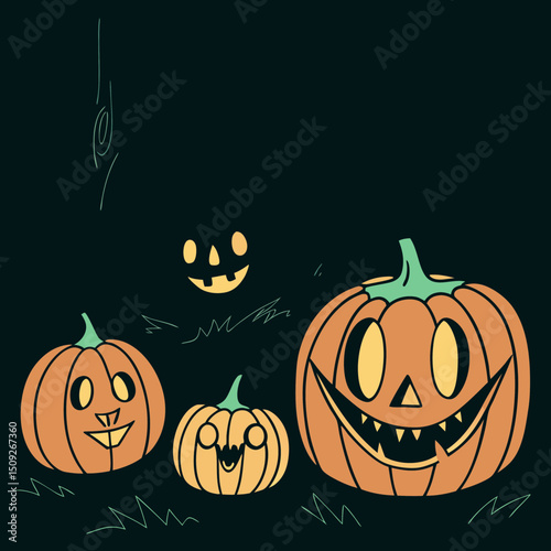 carved pumpkins (jack-o-lanterns) by candlelight on halloween