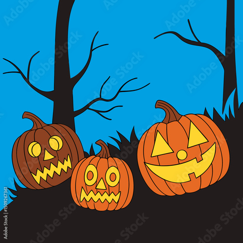 carved pumpkins (jack-o-lanterns) by candlelight on halloween
